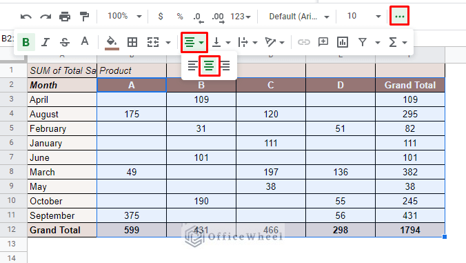 aligning text center in a pivot table