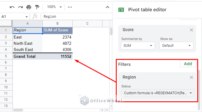 regexmatch custom formula to filter data in a pivot table in google sheets