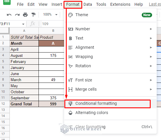 navigating to conditional formatting from the format tab in google sheets