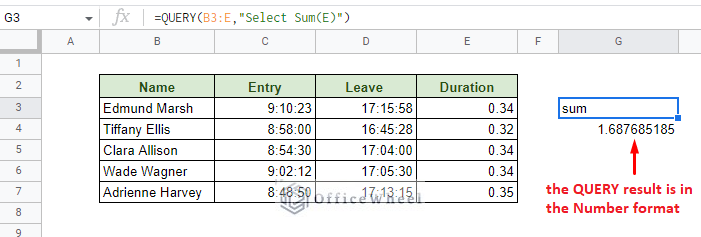 the query sum of duration in google sheets is in the number format