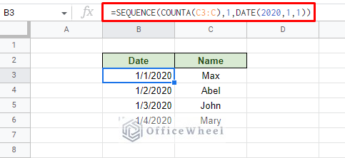 continue dates as value is added in a cell using sequence function