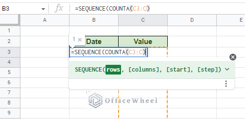 setting the sequence row argument with counta function