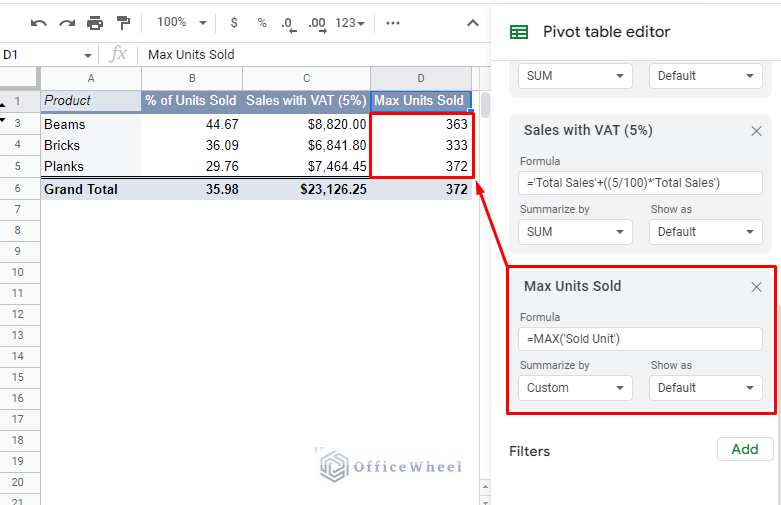 calculated field for max units sold in a pivot table of google sheets