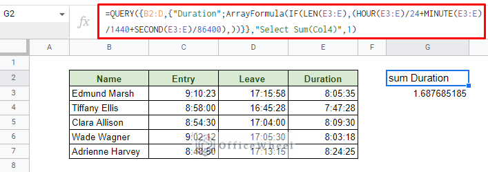 using query to sum duration of time in google sheets without changing the dataset