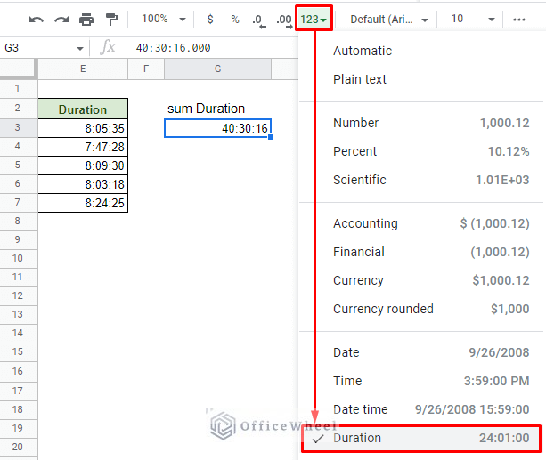 updating the sum of duration in google sheets to the duration format