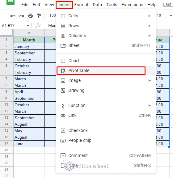 navigating to pivot table option of the insert tab