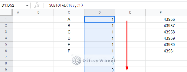 using subtotal function to count all instances of data