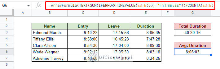 how to find the average duration of time in google sheets