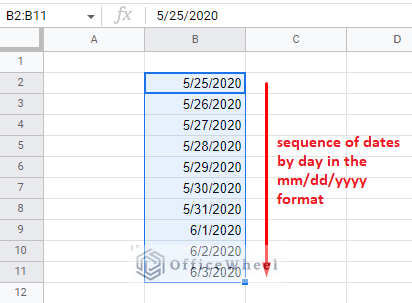 generating a sequence of dates by day in google sheets
