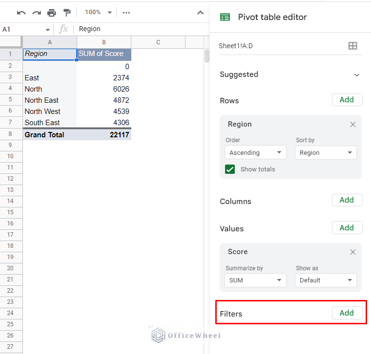 default filter option in the pivot table editor of google sheets