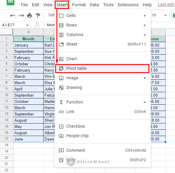 navigating to the pivot table option from the insert tab of google sheets