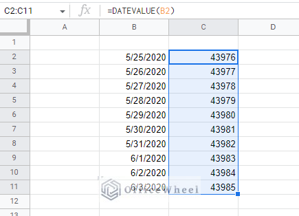 the underlying date value of dates found using the datevalue function