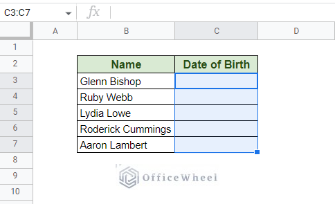 selecting the cells in the date of birth column