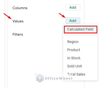adding a calculated field from the values section of the pivot table editor