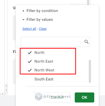 selecting filter conditions for the pivot table