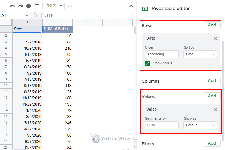 setting row and values for the pivot table