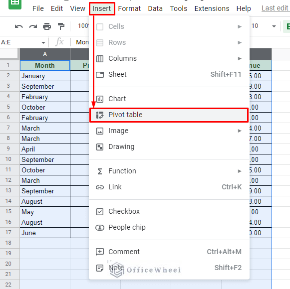 navigating to the pivot table option from the insert tab