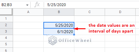 the first two date values of the week sequence in google sheet