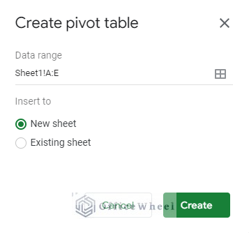 the two options of where to make the pivot table in google sheets