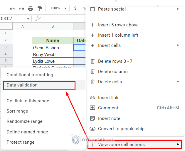 right clicking to find the data validation option in google sheets