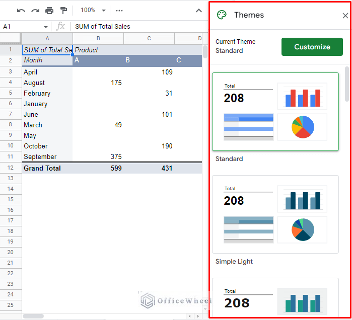 the themes pane of google sheets