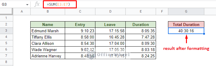 how to sum duration in google sheets using sum function and manual formatting