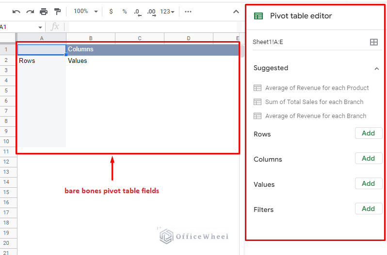 a bare bones pivot table created in a new worksheet in google sheets