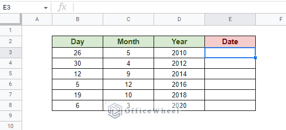 dataset containing separate day, month and year columns