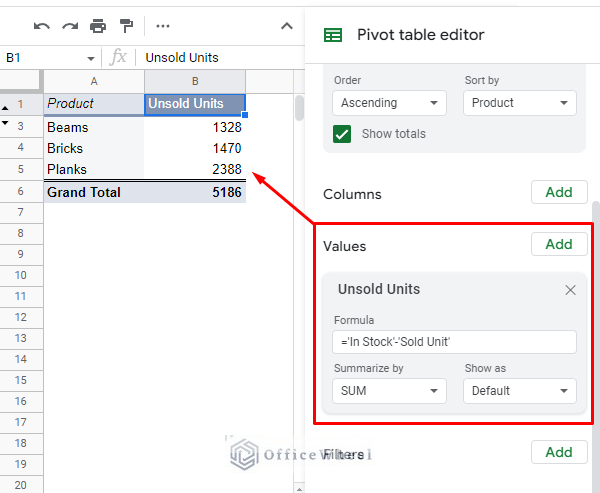applying the formula to the calculated field in the pivot table of google sheets