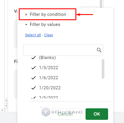 selecting the filter by condition option in the pivot table editor in google sheets