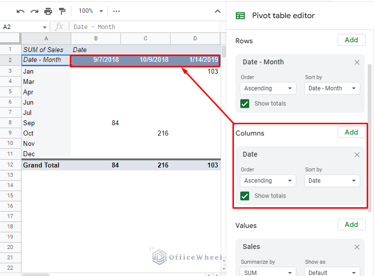 setting the column of the pivot table as date values in google sheets