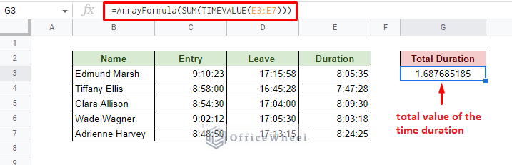 using timevalue and sum functions to generate the total duration in google sheets