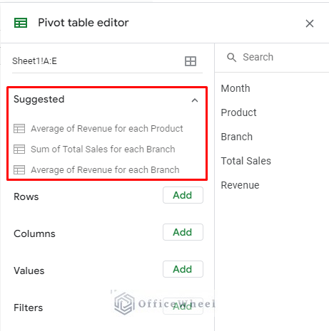 pivot table options by google suggested panel