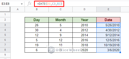using cell reference to output a valid date using the date function of google sheets
