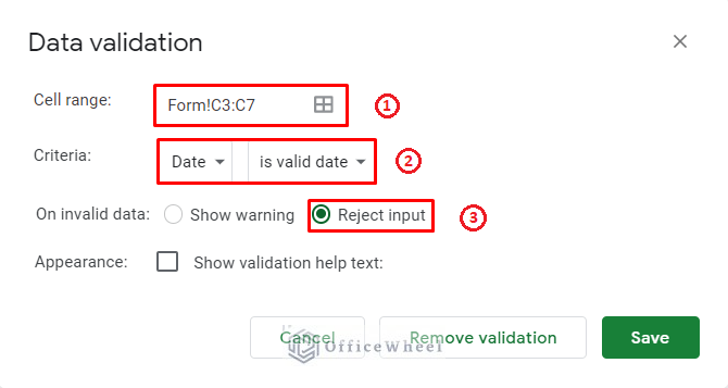 data validation conditions to apply date picker in google sheets