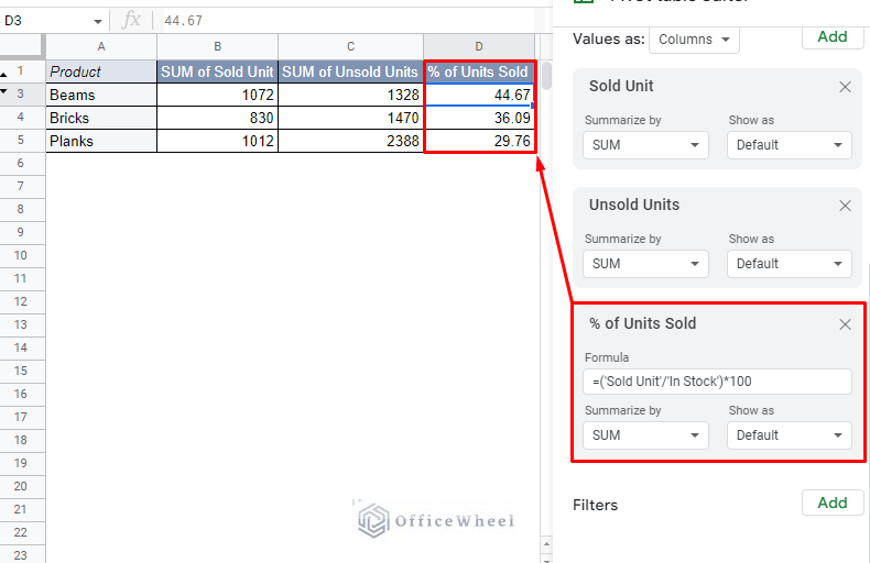 adding custom calculated field in a google sheets pivot table
