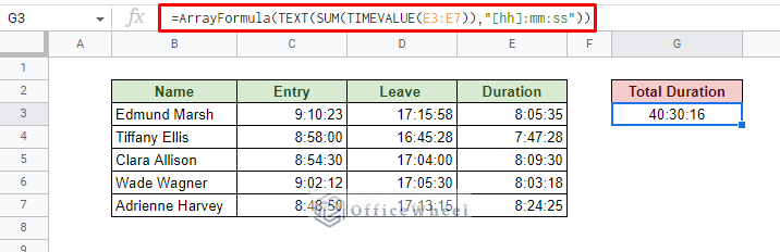 using formula to sum duration in google sheets