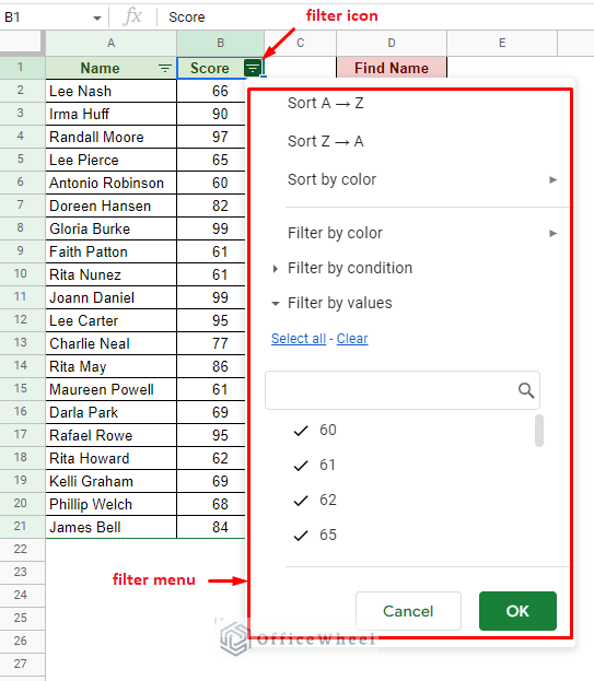 the filter menu - filter custom formula in google sheets
