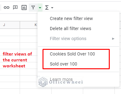 list of multiple filter views added to the current worksheet