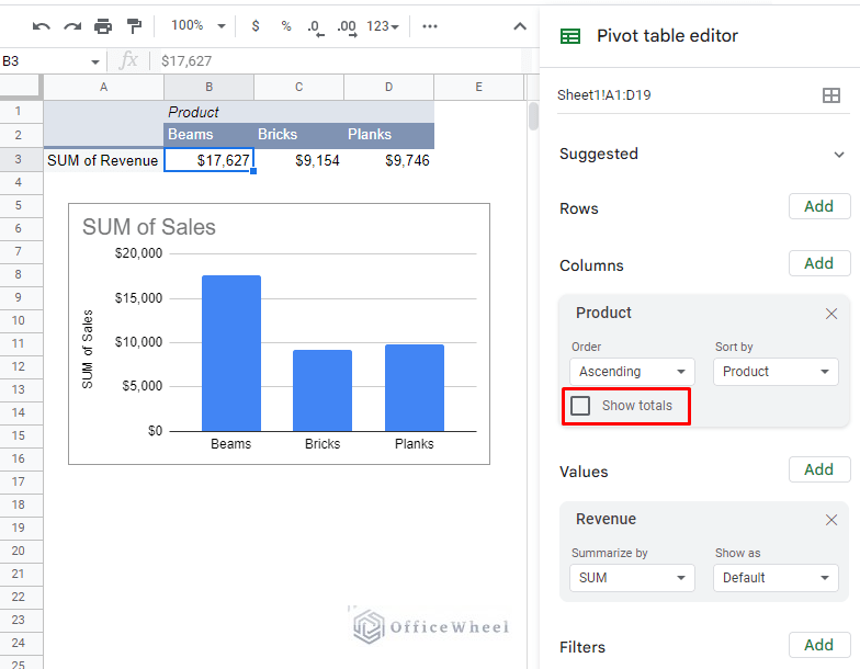 unchecking show totals option removes grand total from the google sheets pivot table column