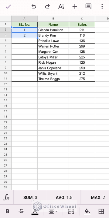 selecting the first two values in google sheets mobile