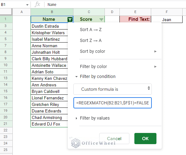 custom formula to filter entries that does not contain text in google sheets