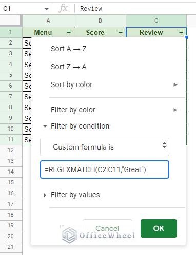 custom formula using regular expression match
