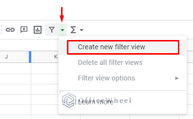 the create new filter view in the filter menu in google sheets