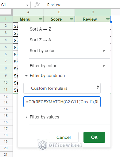 custom formula to match two text criteria in google sheets filter