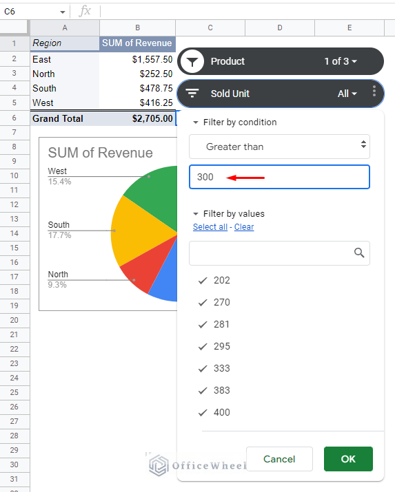 setting the greater than 300 units condition in the slicer for the google sheets pivot table