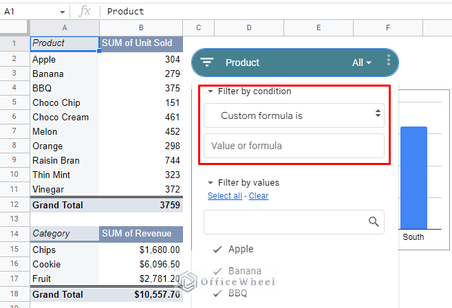 custom formula is option from filter by condition in a google sheets slicer