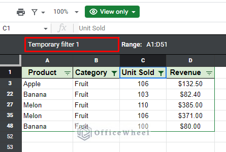 temporary filter view in google sheets