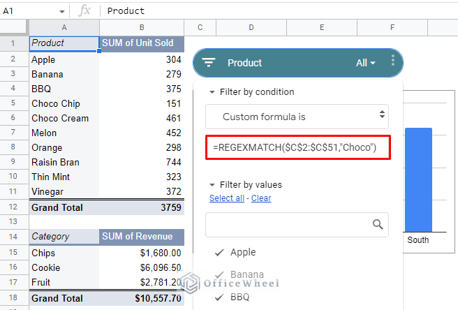 formula to find partial text match using regexmatch
