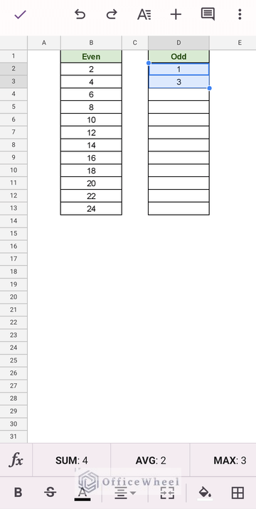 selecting the first two numbers of the series in google sheets mobile app